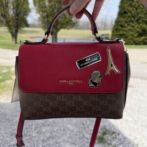 NWT Karl Lagerfeld Signature Paris Tower Small Coffee Red Crossbody
